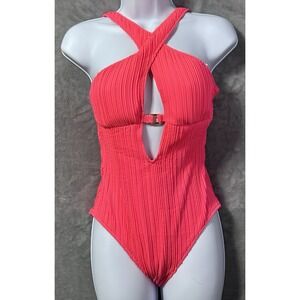 Becca by Rebecca Virtue One Piece Swimsuit Small Pink Crinkle Crossback NWT